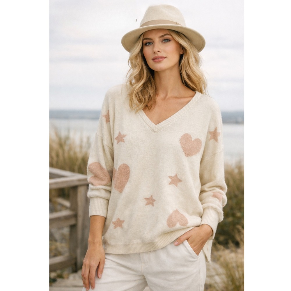 Brodie Cashmere Women's Starstuck Print Cashmere Cream V-Neck Sweater-‎ Size S